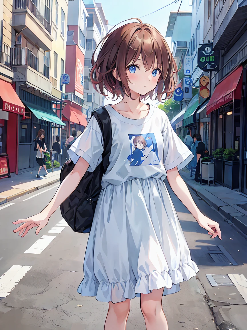 beautiful girl2people,Plain T-shirt、An anime character is carrying a backpack on a crowded street,Brown Hair,Shortcuts,Messy Hair,スレンダー美people,A dignified posture,Small chest,Beautiful feet,Her captivating grey-blue eyes shine like stars,恋する複数のpeople々、Couple、men and women