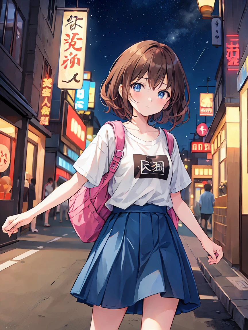 beautiful girl２people，Plain T-shirt、An anime character is carrying a backpack on a crowded street，Brown Hair，Shortcuts，Messy Hair，スレンダー美people，A dignified posture，Small chest，Beautiful feet，Her captivating grey-blue eyes shine like stars，恋する複数のpeople々、Couple、men and women