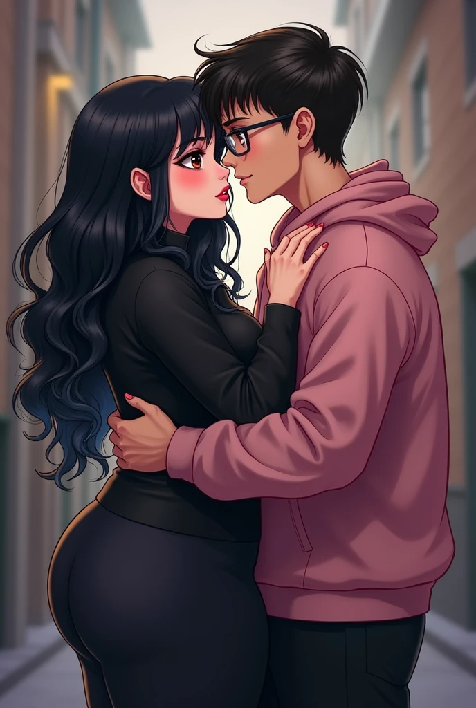 Couple of boyfriends, she is gothic with a curvy body, big cheeks, big butt, black hair with blue and big brown eyes, clear skin, He has straight hair combed up and small rectangular glasses and a wide nose and a pink sweatshirt and black pants.