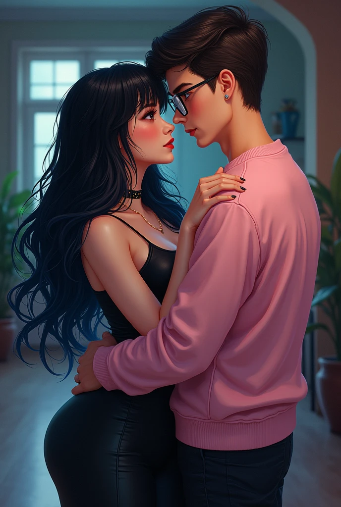 Couple of boyfriends, she is gothic with a curvy body, big cheeks, big butt, black hair with blue and big brown eyes, clear skin, He has straight hair combed up and small rectangular glasses and a wide nose and a pink sweatshirt and black pants.