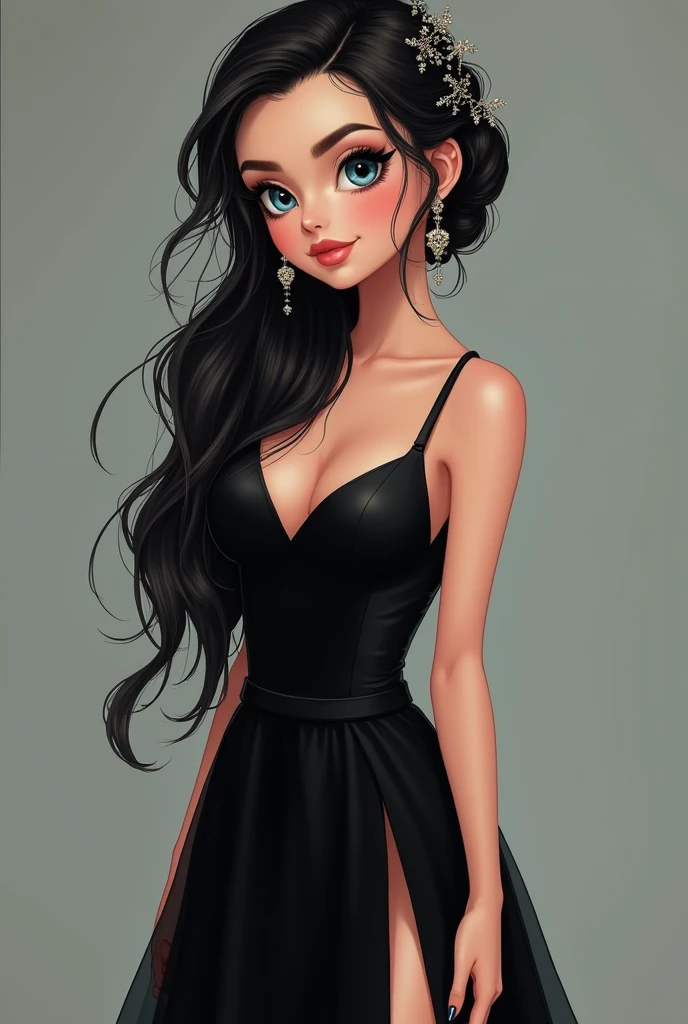 Girl with long black hair, and hair tied back in a bun with some elegant ornament blue eyes. with big breasts, slim with hips and ass, no belly. With a long black evening dress, with thin straps, Prom Dress, whole body. Long dress with a slit on the right leg, heels of the same color