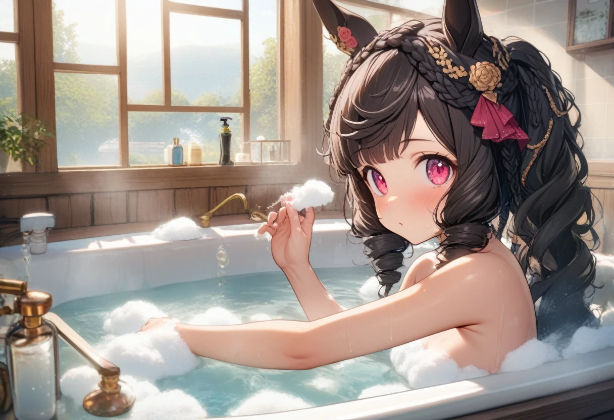 1girl, manhattan cafe \(umamusume\), solo, small breasts, bath, bubble bath, large window, noon, (soap bubbles), steam fog, bubble, bathing, bathroom, bright, noon, sun light, messy hair, NSFW, soap censored, from side, gentle smile, (masterpiece), (best quality), (ultra-detailed), very aesthetic