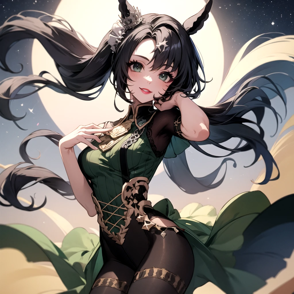 Highest quality、Highest quality、Highest Resolution、masterpiece、Anime Drawing、solo、1 person。green shoulderless long knit。pantyhose。lipstick、smile。Glamorous Body、Beautiful breasts、Touch your head with your hand、Active Posing。Black Hair、Long Hair、ponytail。Lots of hair ornaments。Beautiful child with horse ears。Night Sky、Strong winds、Chest centered。