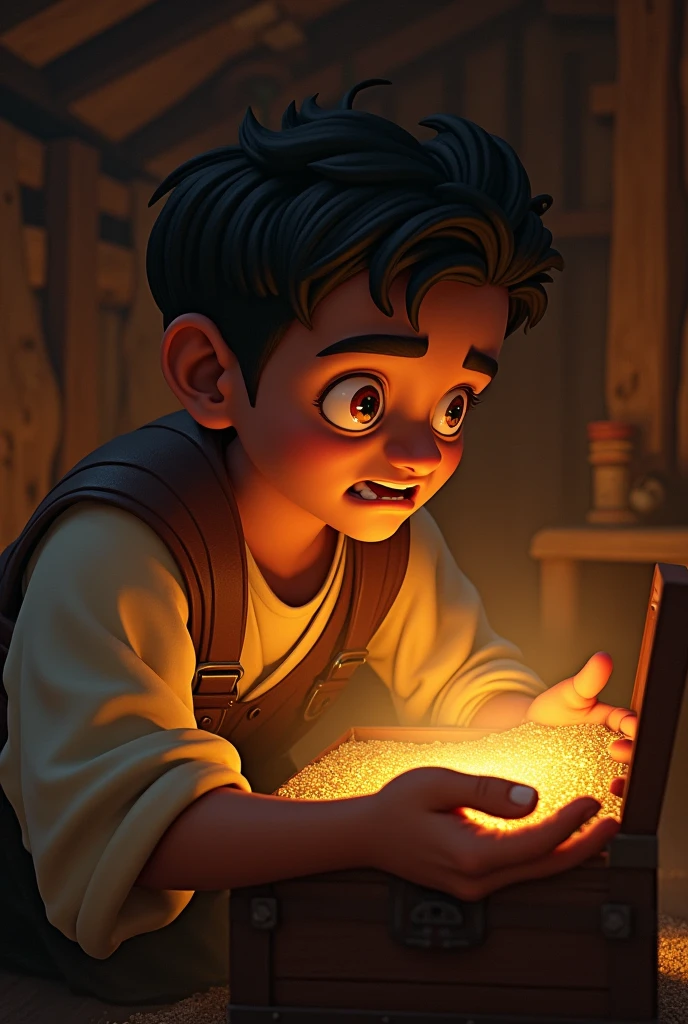 Kishan's face is filled with shock and confusion as he looks into the chest and finds simple seeds instead of a treasure. He holds a handful of seeds, his hand trembling, while the barn is bathed in the golden light coming from the chest, casting dramatic shadows."