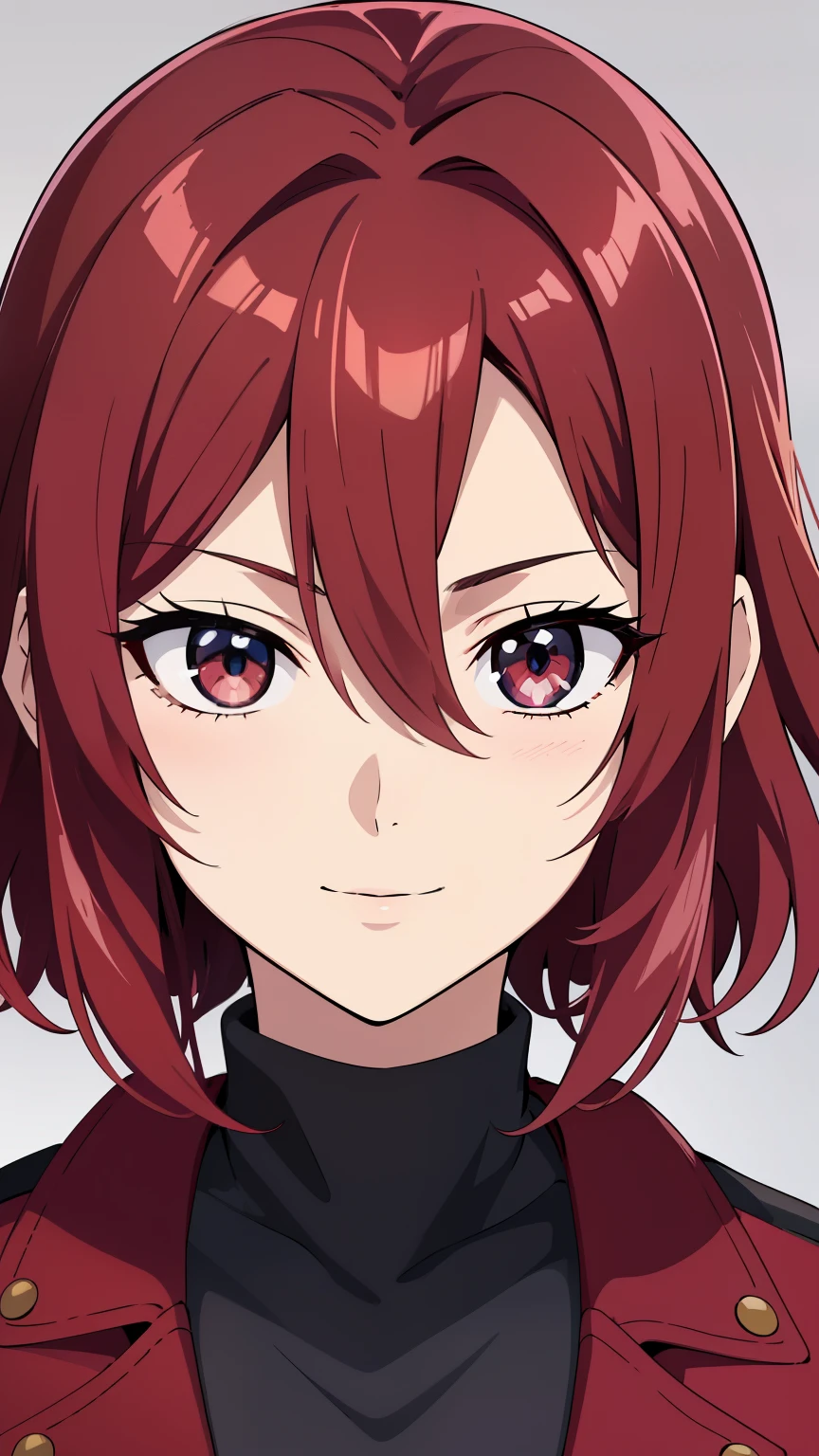 s(high-quality, breathtaking),(expressive eyes, perfect face) 1girl, female, solo, young adult, feminine face, crimson red color hair, dark blue eye color, fluffy wavy hair, short hair length, Symmetrical Eyes, portrait, half body, cute smile, grey background, hair between eyes, black shirt, red jacket, tomboy
