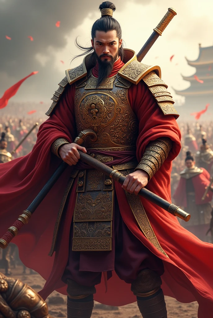A historical warrior from ancient China, known for his valiant and undefeatable prowess in battle. He is distinguished by his commanding presence, wearing an elaborately designed armor in deep red with detailed golden engravements. His black hair is tied up, showing his stern face. He is holding a large guandao (Chinese pole weapon) with his firmly gripped hands. The background is a battlefield, filled with the chaos of war but he stands dauntlessly, displaying his supreme courage.