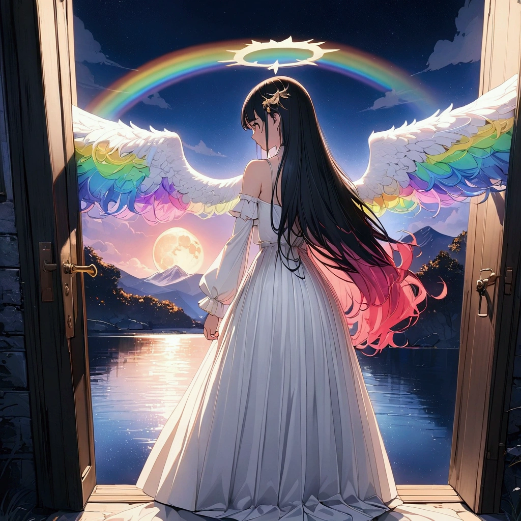 (((anime))) One Woman,Behind the door,Door on the lake,Heaven is at the door,Angel turning his back,Large iridescent feathers,Growing from the back,Long Hair,(Rainbow Hair),Angel halo white camisole,Volume sleeve,Long skirt,Black boots,night,full moon,star,Backlight,masterpiece,Highest quality,Exquisite,8k,Absurd,Ultra-fine illustrations,