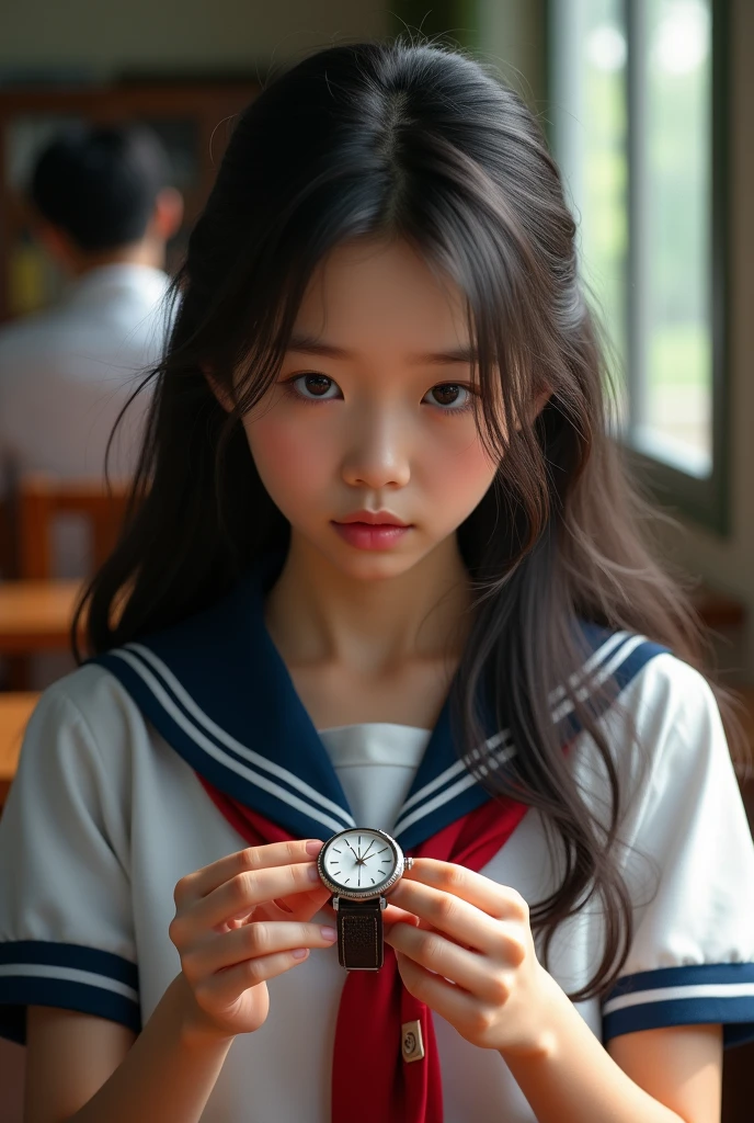 front_watch, Masterpiece, best quality, realistic, raw photos, (1 girl, looking at watcher), long hair, Thai student uniform, dynamic gesture, Detailed background, dynamic light,