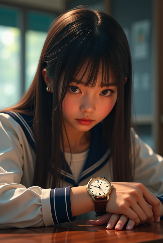 front_watch, Masterpiece, best quality, realistic, raw photos, (1 girl, looking at watcher), long hair, Thai student uniform,  dynamic gesture, Detailed background, dynamic light,