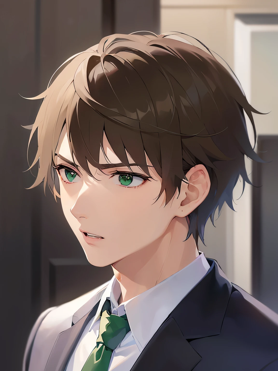 Upper Body, Side shot、
shiny skin, masterpiece、Highest quality、
BREAKld male:1.5) and (Brown short hair) and (Green Eyes)BREAK
BREAK (Wearing a suit:1.5) and (Green tie:1.2)BREAK
worried,open mouth,The background is the conference room、(alone:1.5)