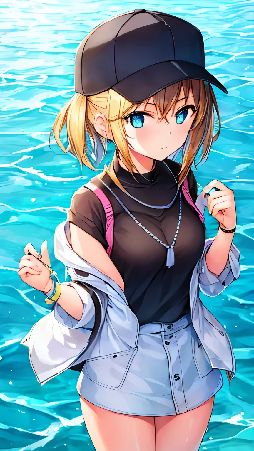 A girl who is an anthropomorphized tuna Wearing light modern clothing In the water