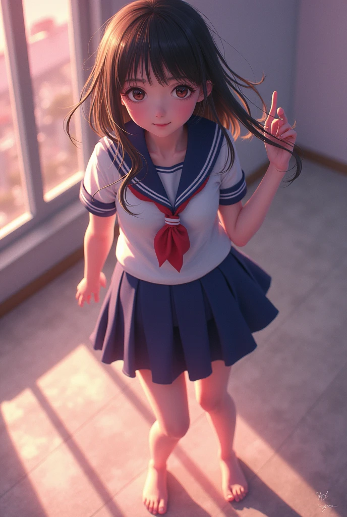 High angle shot, panty shots, cute schoolgirl, Japanese schoolgirl uniform, surreal schoolgirl wearing Japan uniform and wearing Japan school uniform, surreal schoolgirl, schoolgirl in uniform, girl in uniform, girl in uniform, Full body of schoolgirl posing in school uniform., beautiful skin, shiny skin, nice thighs, shiny thighs, shiny legs, barefoot,