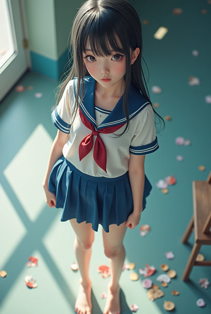 High angle shot, panty shots, cute schoolgirl, Japanese schoolgirl uniform, surreal schoolgirl wearing Japan uniform and wearing Japan school uniform, surreal schoolgirl, schoolgirl in uniform, girl in uniform, girl in uniform, Full body of schoolgirl posing in school uniform., beautiful skin, shiny skin, nice thighs, shiny thighs, shiny legs, barefoot,