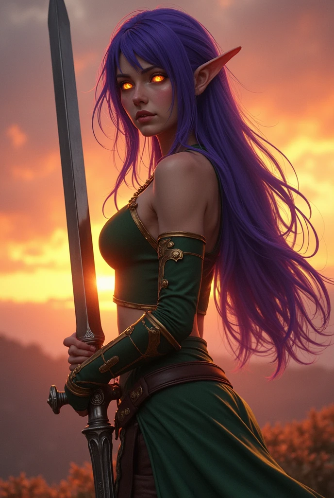 Final Fantasy game theme. Image of a 2 Violet haired elf standing holding her favorite sword,huge perky breasts, wide hips, narrow waist, perfect big glutes,golden bright glowing eyes, lond dark purple hair flowing with the wind,sunset,golden hour, perfect composition, He wore light armor in dark green and gold.,dramatic tones.A masterpiece with the highest resolution. , Surrealist image type