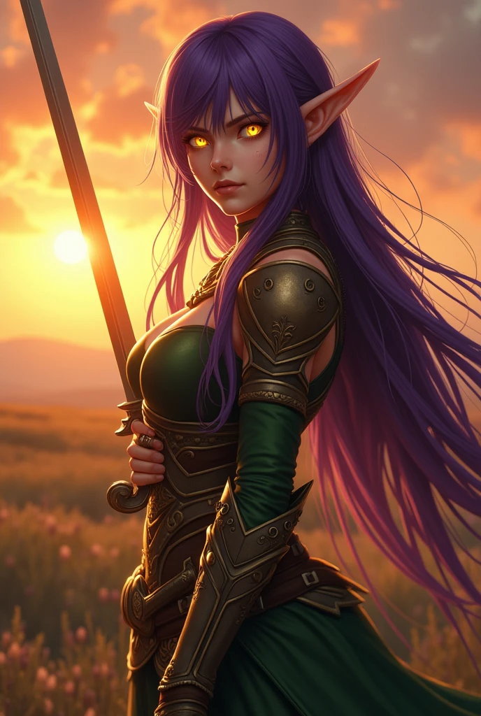 Final Fantasy game theme. Image of a 2 Violet haired elf standing holding her favorite sword,golden bright glowing eyes,side view, looking to viewer,huge perky breasts, wide hips, narrow waist, perfect big glutes,, lond dark purple hair flowing with the wind,sunset,golden hour, perfect composition, He wore light armor in dark green and gold.,dramatic tones.A masterpiece with the highest resolution. , Surrealist image type