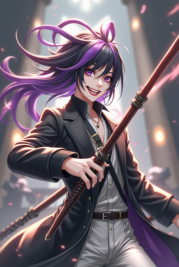 An androgynous character with black hair and a purple streak. wearing a black overcoat, with a staff on his back and a knife in his right hand. Most naughty and insane face.