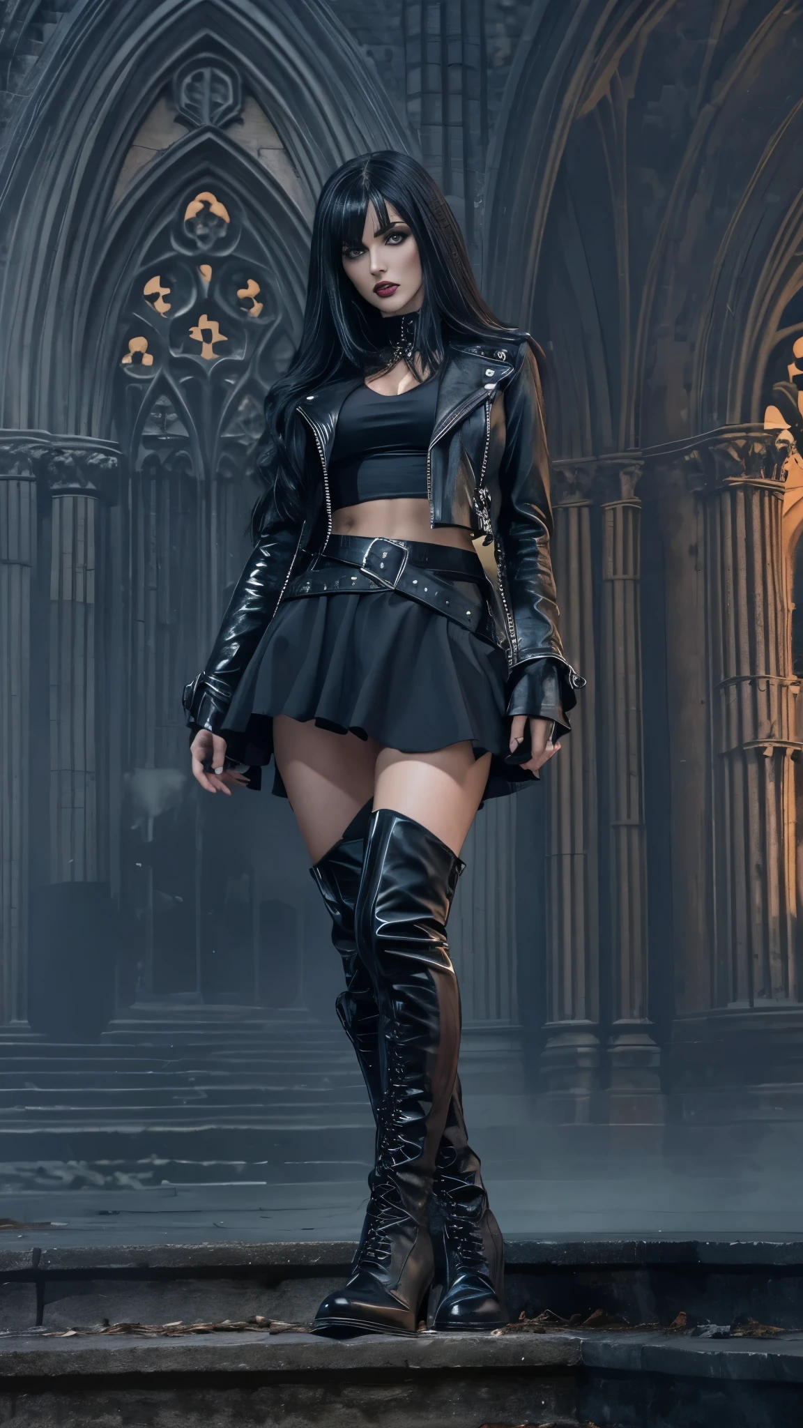 gothic rock woman Long black hair with bangs, thin waist, thick thighs, big breasts, six pack abs, toned legs, biceped, leather t-shirt, black leather jacket, Black leather pants, Black combat boots, Goth makeup, black eyeliner, woman, attractive body, hot body, thick thighs, very thin waist, six pack abs, thick lips gothic ancient Gothic Cathedral in front of the ruined altar of in front of the ruined altar of an ancient gothic cathedral at night in the moonlight in dense fog