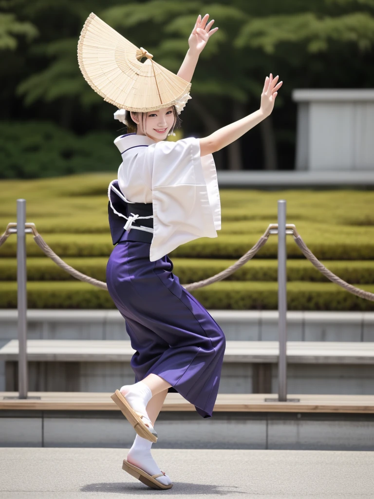 Photo-realistic quality、A woman wearing an Awa Odori dance costume is dancing in the park,A kimono with a white base、White Arms、Black wooden clogs、White tabi socks、Japanese traditional kimono, Cute playful pose, Cute smile、A soft and gentle look、Face turned sideways
