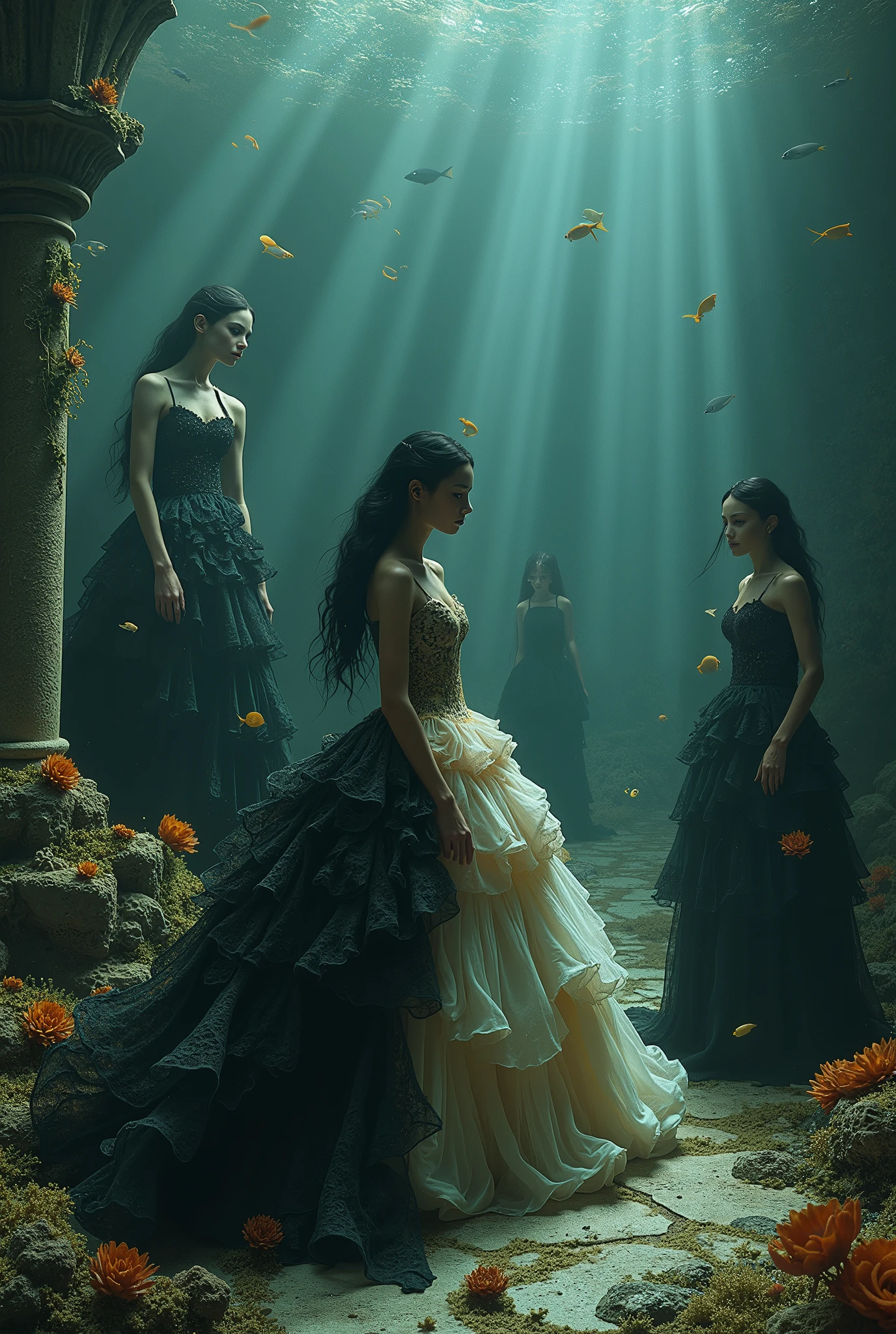 "A full-body shot of a (extra wide angle 1:1) in a dark low light deep sea medeval ballroom in an old gothic palace that has gone under the sea. Super-big ballroom. 8 girlfriends with extraordinairy beautiful faces, liveless bodies surrounded by coloured fishes. Their body floading upside down and all around. They have a big light-colored eyes, black super-long hair. With perfect detailed eyes.Their wering black torned dresses. Pale pink and gold dresses torned. Dresses in many layered lace and shiffon torne and ripped. ( perfect hands, five fingers on each hand.) Small breasts (hyper realistic perfect eyes 1:1). White perfect skin. They are surrounded by Perished under-water palace 1:1 Wearing a layered black, white and gold ballroom dresses with lace and shiffon. On the bottom of the sea are golden crowns, adorned with pink crystals 1:1. Bright colourd fishes swimming arround. Corals, seamoss. Octopus. The scene a beautiful empresses dead, their long hair flowing every way, in their face. Sad. (Best Quality Detailed faces)1:1. A medieval fairytale vibe, with a big black intricate throne in a corner with tonns of seamoss and seeweed on it. In a fantastic scene that uses detaled realistic 3D model. crystal wine glasses on the sea floor broken The entire setup is Best Quality, masterpiece 1:1, capturing the essence of a beautiful dead girls, fantastical gothic setting, Dark deep sea Low greenblue lighting under neath. (8K).