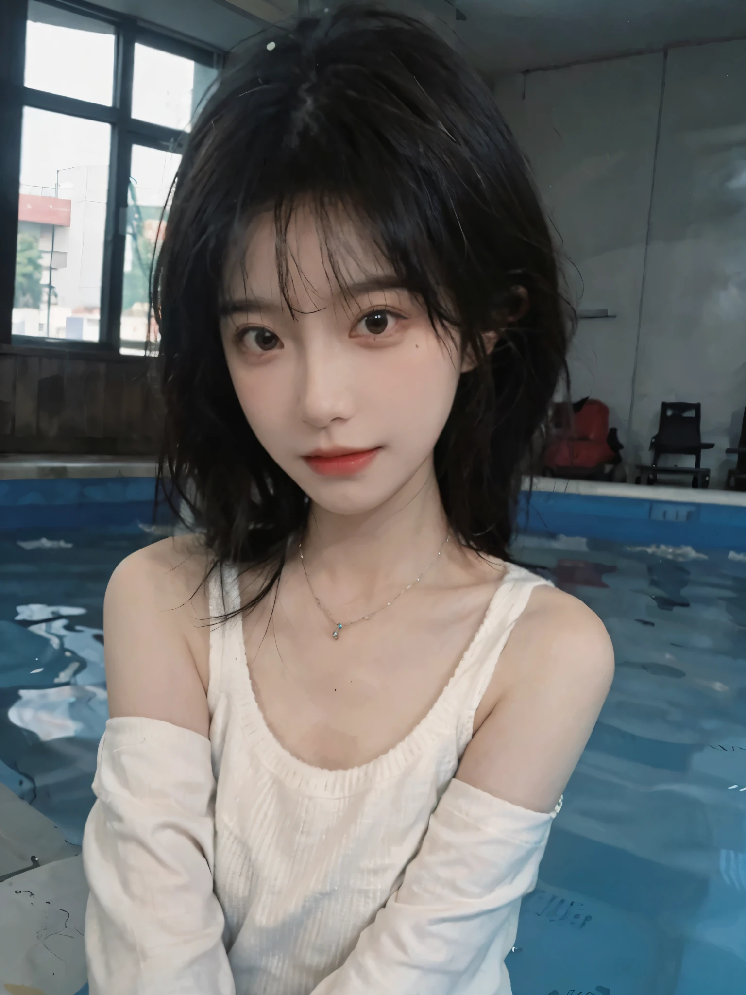 Best quality,Ultra-high resolution,(Realism:1.4),cute,cute发夹,girll,Cropped black sweater,head,Look directly at the audience,Full of atmosphere,Beautiful woman with a slim figure:1.4,swimming pool,whole body,Super delicate face,Exquisite eyes,Double eyelids,necklace