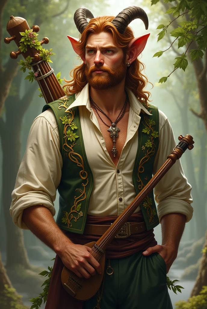 "A gallant and virile adult faun with small, refined horns that curve elegantly from his forehead. He has a jovial figure with a medium build, exuding both strength and warmth. His face, adorned with a well-kept goatee, carries a few scars that tell tales of past battles, adding to his rugged charm. His skin is sun-kissed, and his dark chestnut brown hair is thick and wavy, cascading around his shoulders with a few leaves and wildflowers interwoven. His eyes are a striking, brilliant green, shining with life and energy. He has more scars scattered across his muscular yet medium-sized body, each one a mark of experience and resilience. He wears a finely tailored vest over a loose, open-necked shirt, decorated with intricate patterns of vines and musical notes in rich, golden thread. A beautifully crafted lute rests on his back, and he holds a well-worn wooden flute in his hand, symbolizing his deep passion for music. His presence is confident and inviting, with a natural air of charisma, while the surrounding air hums with a lively melody that reflects his skill as a bard and his joyful yet battle-hardened connection to the world around him."