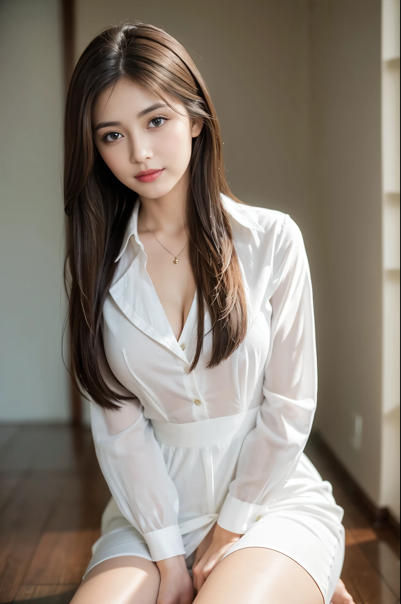 product quality, a cowboy shot, front view, 1girl, a Japanese young pretty woman, wearing a marriage ring, long bob hair, hyper pretty face, glamorous, wearing a long sleeves long length shiny satin white shirt with collared, unbuttoned her shirt on her chest, wearing a silky white panty, sitting on a leather sofa with a big smile in a living room, naked legs, glossy lips, double eyelids for both eyes, natural makeup, long eyelashes, shiny smooth light brown hair of long bob hair, asymmetrical bangs, tanned skin, central image, high resolution, high detail, detailed hairstyle, detailed face, spectacular movie lighting, octane rendering, hyper realistic, perfect limbs, perfect anatomy