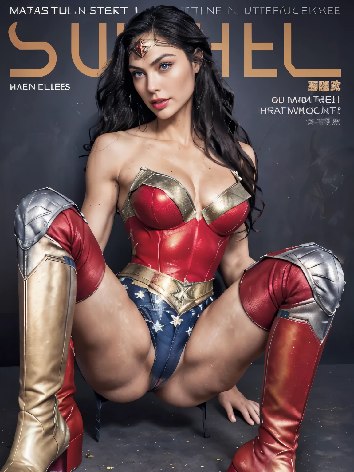 ((((Dramatic))), (((grittiness))), (((intense))) The movie poster features a Wonder Woman as the central character。She stands confidently in the center of the poster, Wonder Woman, (intricate detailed, makeup), (detailed beautiful delicate face, detailed beautiful delicate eyes, a face of perfect proportion), (Glossy skin: 1.0), fine detailed skin, strong and realistic blue eyes, realistic black hair, ((long wavy hair:1.3)), lips, makeup, natural skin texture, tiara, (red and gold bustier:1.2), blue leotard with white stars, silver bracelets, ((Red knee high boots:1.2)), golden belt, (Wonder Woman clothing:1.0), (bare shoulder:1.2), ((light tanned skin:0.8)), Sexy, elastic muscles, (muscular: 1.2), ((strong and healthy body)), ((((the more) muscular))), Long leg, curved, (small breasts: 1.3), cleavage, rib, thin waists, soft waist, (fine detailed skin), (beautiful and sexy woman), (swollen lips: 0.9), (eyelash: 1.2), very delicate muscles, perfect body figure, perfect anatomy, perfect details, perfect fingers, perfect limbs, (The Perfect Hand:1.4),。The text is bold and attention-grabbing,With catchy slogans。The color palette is dominated by soft light,Dotted with bright colors,Make your poster dynamic and visually striking, (Magazines:1.3), (cover-style:1.3), Fashioner-Lab, girls, lively, clothed, posing in, rich colorful,Background with,heroic elements,self-assured,Expressing the,halter,statement,attachment,masterpiece,coil,touching,Scenes,SMS,The cover of,boldness,attention-grabbing,show nipples, show vagina, squirt vagina, wet body.