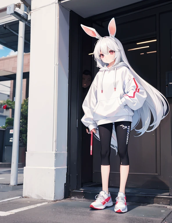 1 female,White Bunny Hoodie,Het Fong,Black and white sneakers,Are standing,whole,Expose,