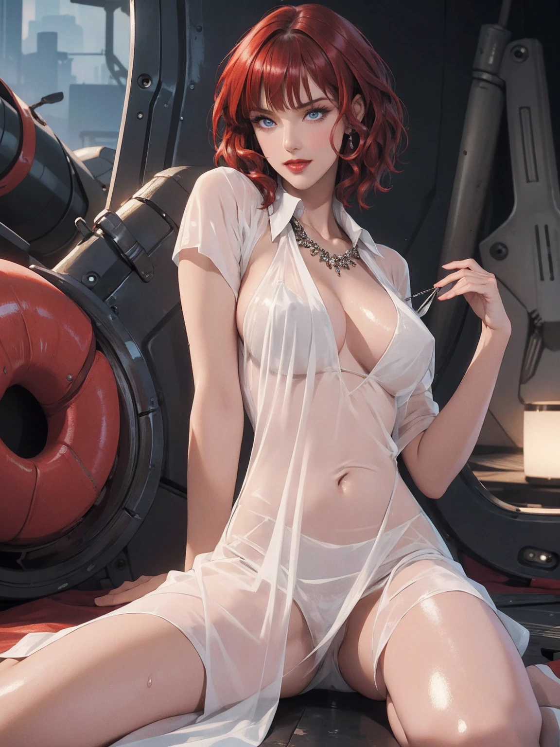 1girl,a beautiful fashion model ,(masterpiece, detailed background, best quality),short and shiny hair, red hair, hair with highlights, bangs, smirk,juicy lips,red lips, calmart, lingerie, stripping, elegant makeup, blue eyes, full body shot, (shiny skin), cyberpunk, sci fi, boa, extravagant jewelry, cocky expression, covered in jewelry, fancy, see through white dress, shiny skin, wet skin. running hand through hair