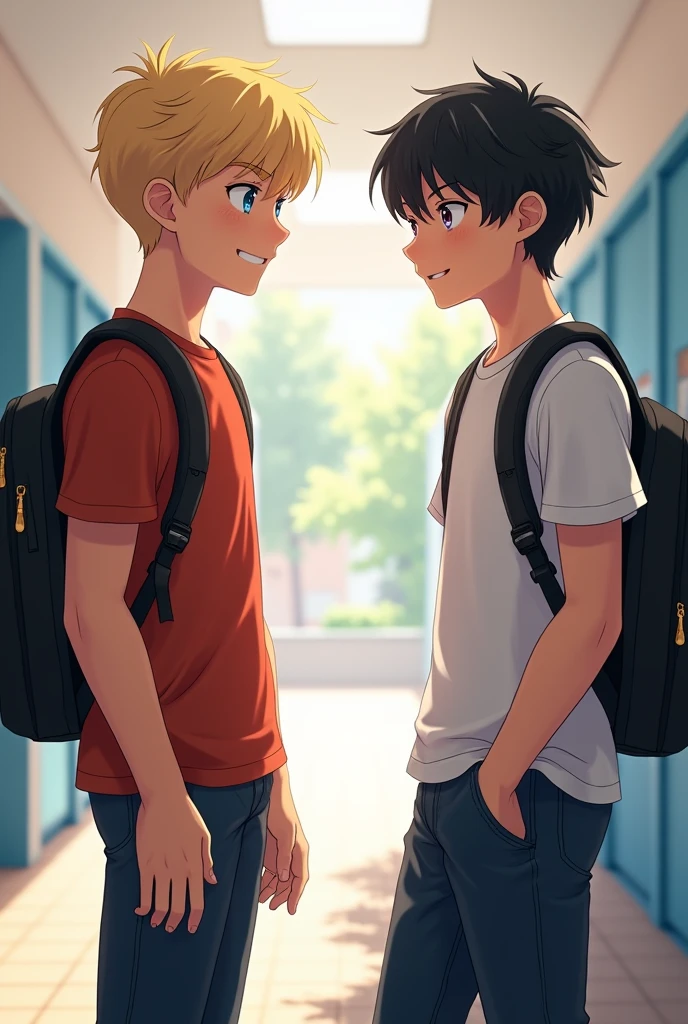 two guys. One has blonde hair and blue eyes, one has black hair and black eyes. Still at student age