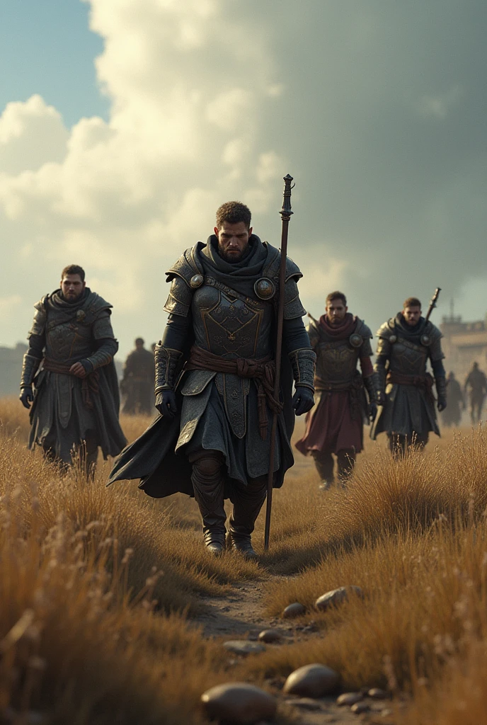 a close up of a group of post apocolyptic people standing in a field, 3rd person action-adventure RPG, front cover of a new video game, high detailed official artwork, d & d character revealed, set in the world of guildwars2, medieval fantasy game art, official fanart, jealousy, official concept art, ”ultra realistic, point-and-click adventure game