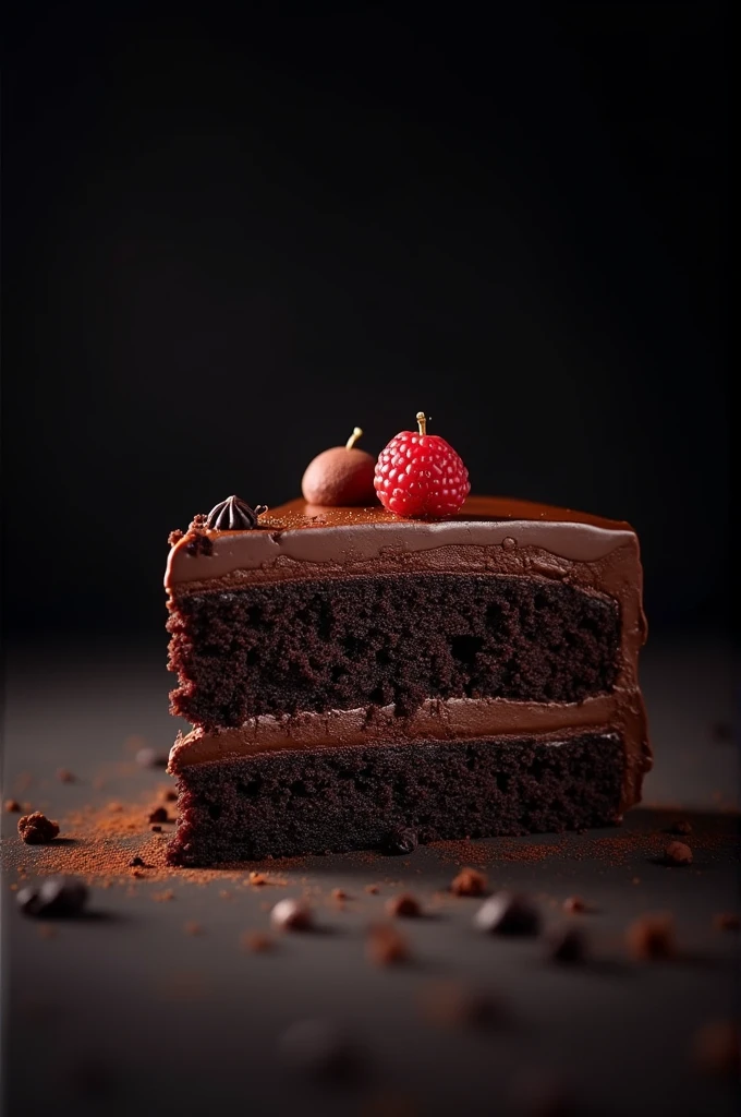 cinematic film still chocolate, chocolate cake, dark background, quality photo, moist texture, frosting, studio photo, slice . shallow depth of field, vignette, highly detailed, high budget, bokeh, cinemascope, moody, epic, gorgeous, film grain, grainy
