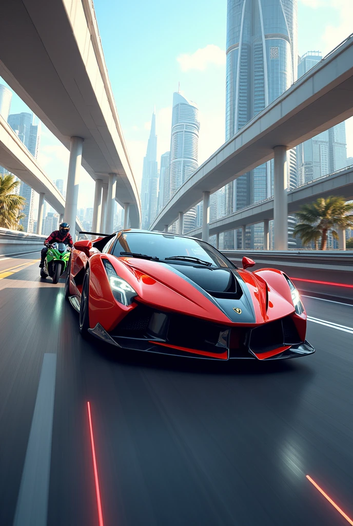 Lamborghini car driving in flyover with kawasaki z900 