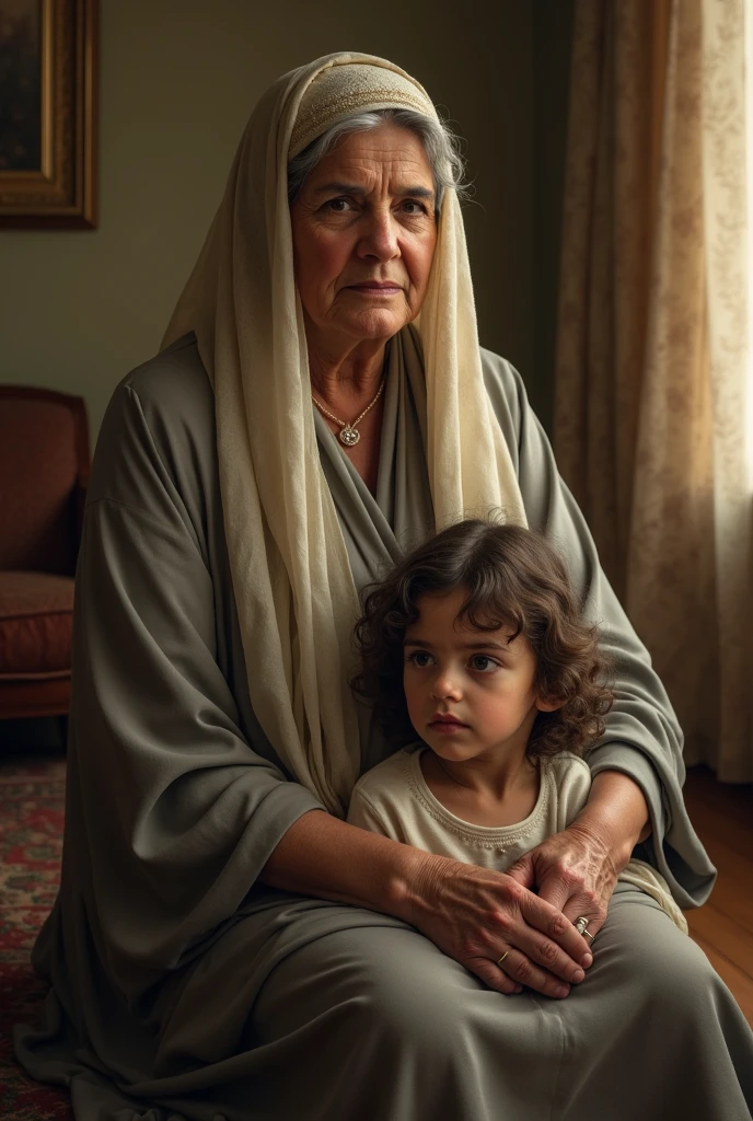 Arabic Bbw Veiled mother looking at the photographe and sitting with her grand daughter