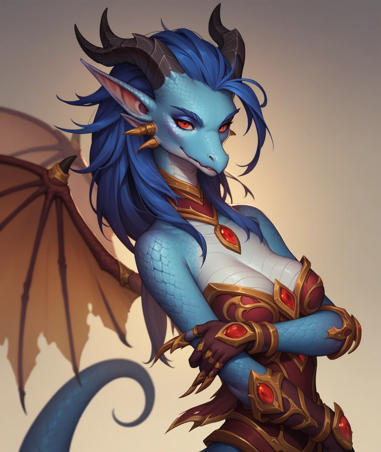 score_9,score_8_up,score_7_up, source_anime, Anthro, dracthyr, world of warcraft, female, dragon, red eyes, horns, blue scales, black horns, blue hair