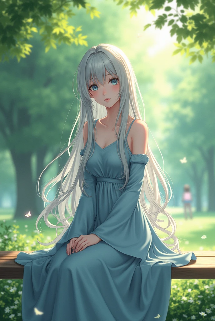 Anime girl with long hair sitting on a bench in a blue dress generative ai