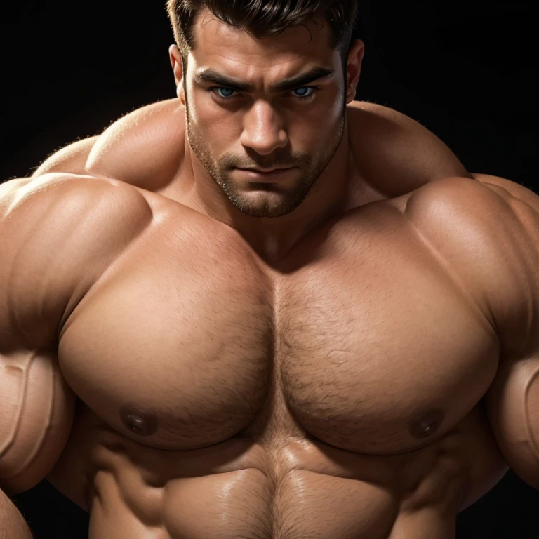 A very handsome young man, shirtless, close-up face, big, beautiful eyes, massively muscular, massively large muscles, massively large arms, massively large biceps, on a black background, close up