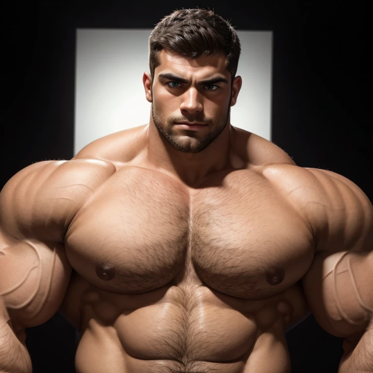 A very handsome young man, shirtless, close-up face, big, beautiful eyes, massively muscular, massively large muscles, massively large arms, massively large biceps, on a black background, close up