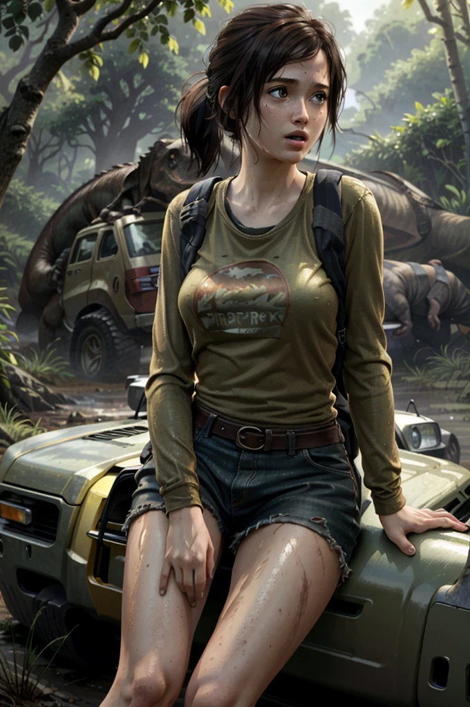 Ellie, 1girl, solo, realistic, brown hair, freckles blue eyes, ponytail, shirt, lips, layered sleeves,masterpiece, best quality, cinematic lighting, looking at viewer, (jurassic park:1.28), (dinosaur:1.18), yellow jeep, car, prehistoric, tropical, jungle, clearing, horizon, nsfw, wet clothes, breasts under clothes, on knees, tongue out 