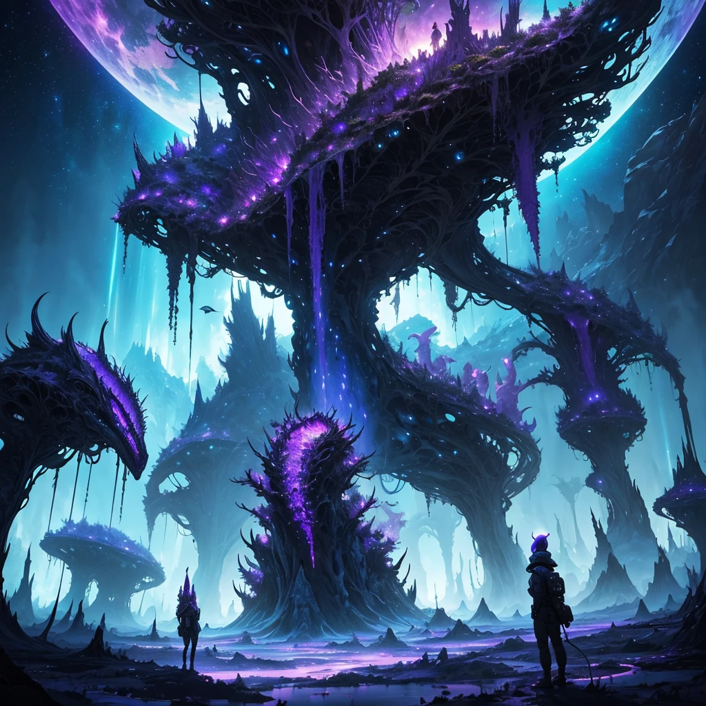 An odd assortment of mystical creatures roaming an extraterrestrial landscape, alien flora intermingling with curious beasts displaying a multitude of peculiar features, enigmatic skies casting otherworldly illumination, panoramic alien world view, wide-angle, rich vivid colors, digital painting, ultra clear, surreal masterpiece, night sky, neon, universe, magnificent lighting, glowing purple and blue tone