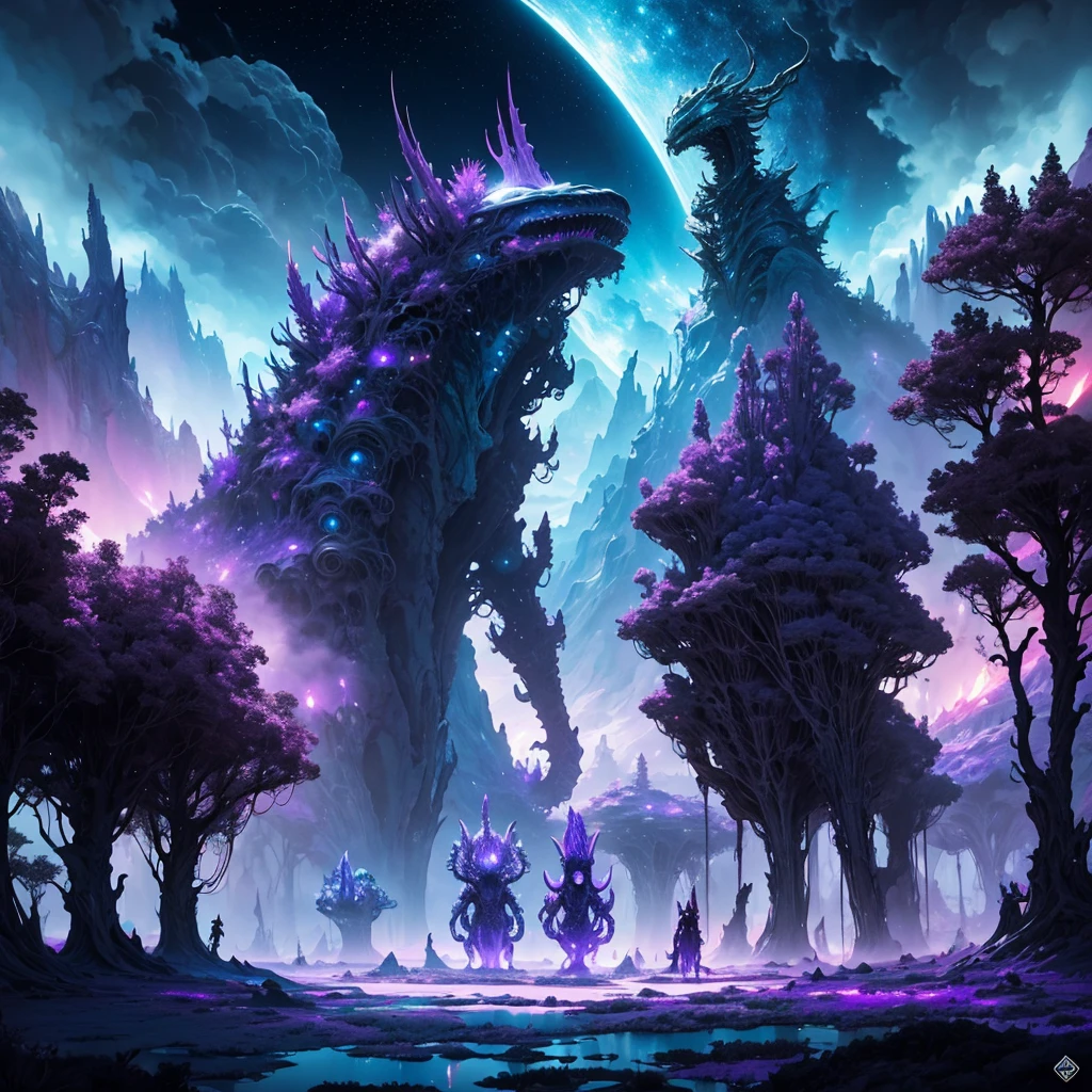 An odd assortment of mystical creatures roaming an extraterrestrial landscape, alien flora intermingling with curious beasts displaying a multitude of peculiar features, enigmatic skies casting otherworldly illumination, panoramic alien world view, wide-angle, rich vivid colors, digital painting, ultra clear, surreal masterpiece, night sky, neon, universe, magnificent lighting, glowing purple and blue tone