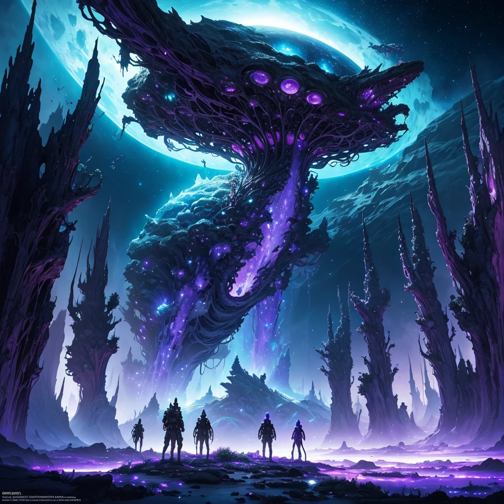 An odd assortment of mystical creatures roaming an extraterrestrial landscape, alien flora intermingling with curious beasts displaying a multitude of peculiar features, enigmatic skies casting otherworldly illumination, panoramic alien world view, wide-angle, rich vivid colors, digital painting, ultra clear, surreal masterpiece, night sky, neon, universe, magnificent lighting, glowing purple and blue tone