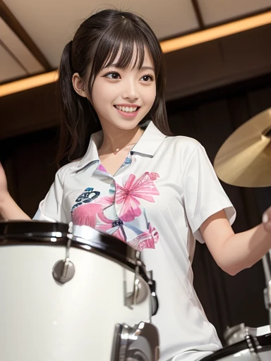 Japanese female, (underweight), (medium bust best quality:1.5), 30 years old, (cheerful grin:1.3),(stylish one piece dress),(aloha shirt), (white shorts),(motion blur:1.2),
Rock live, (Japanese female playing drums:1.3), excited, from below