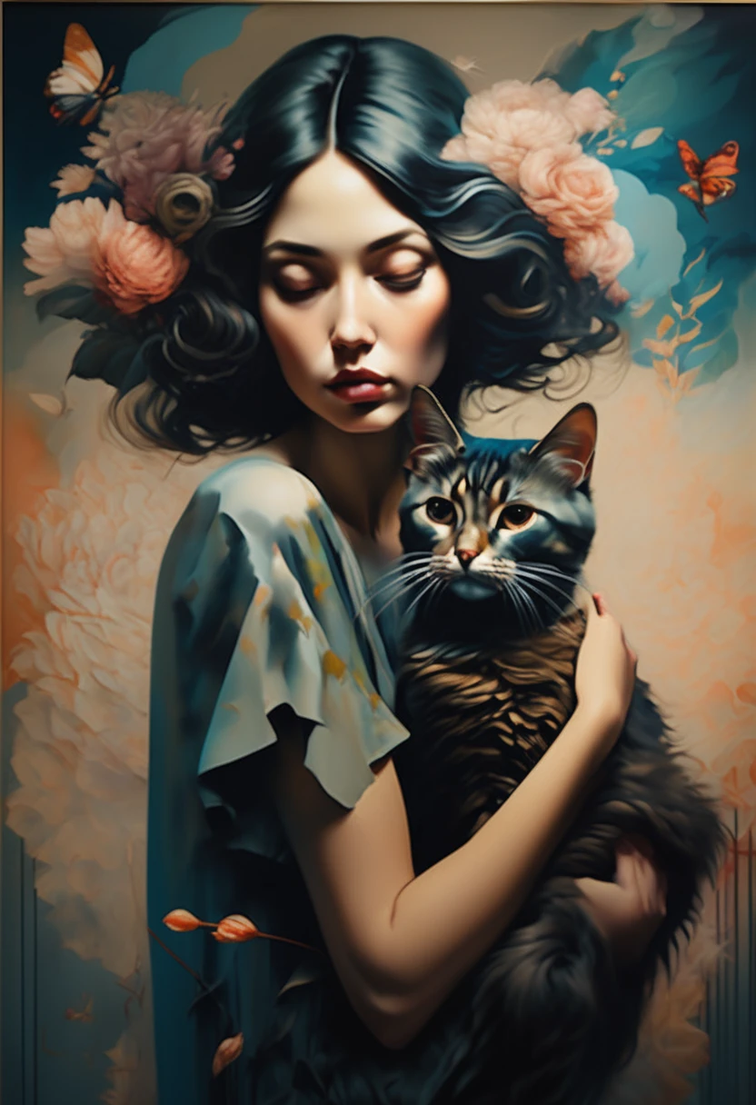 (Sensual illustration chiaroscuro), Illustration art, By Irina Kapi. Surrealism, Vintage Abstraction, woman holding a cat、(笑顔の女性のPainting:1.2), Super detailed、Drunk woman, Highest quality, masterpiece, Painting, Concept Art, Emotional, Atmospheric, Romantic aesthetics, Represents transformation and the ability to see beyond the surface、Ultra high definition、(deep, Delicate colors) paint (draw) 、最高masterpiece、Highest quality、