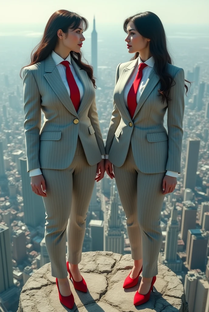 Aerial view of massive city, aerial view of giantess, looking down from above, two women, curvy hourglass figre, a pair of huge breasts, light grey pinstriped suit, white tailored shirt, (large red necktie, tied in Windsor knot) waist-length hair,Wearing a pair of red platform heels,distance shot, A look of enjoyment, Beautiful appearance, smile, (view from space) giga giantess