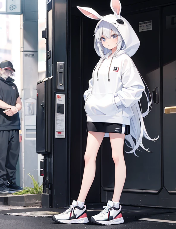1 female,White Bunny Hoodie,Het Fong,Black and white sneakers,Are standing,whole,Expose,