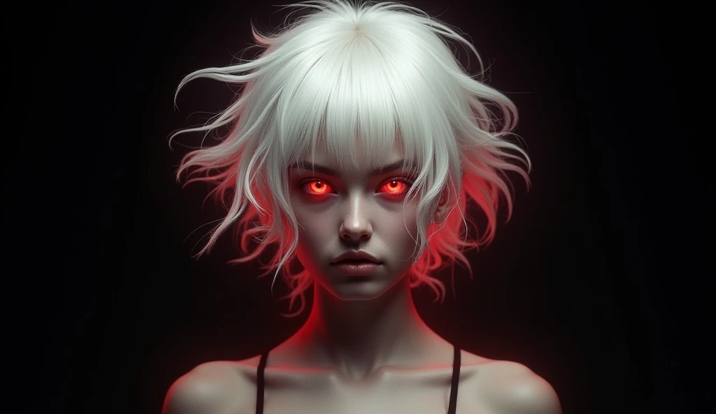 1girl, white hair, wild hair, red eyes, (white eyelashes:1.2), emotionless, red glow halo, (chromatic aberration:1.2), solo, digital dissolve, black bodysuit, 20 years old, mature, arrogant expression, black background, look at viewer 