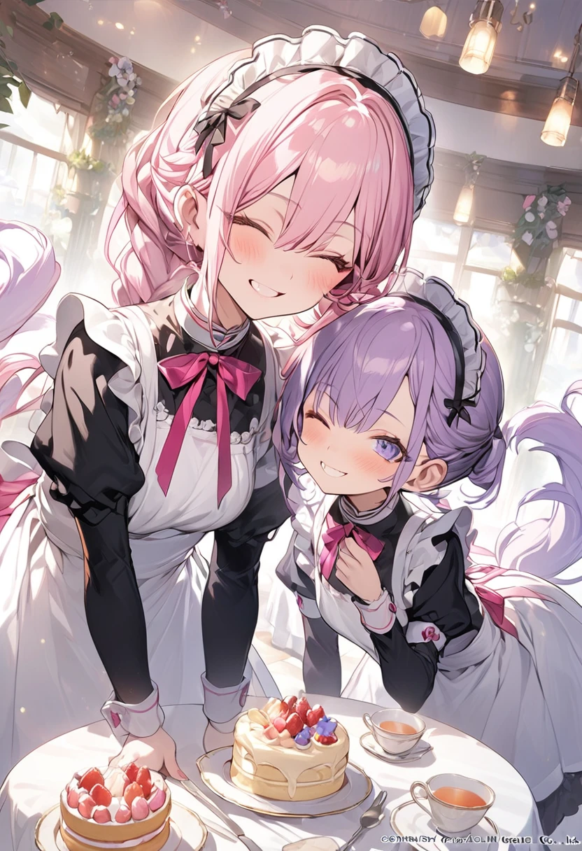 Two girls are enjoying tea at a table. They are wearing matching maid outfits, and the table is lined with cake towers, macarons and shortcakes. The first girl has light purple low twin-tail hair, and the second girl has pink high twin-tail hair. They have their eyes closed and their mouths open while smiling. Masterpiece, detailed description, official art, illustration,