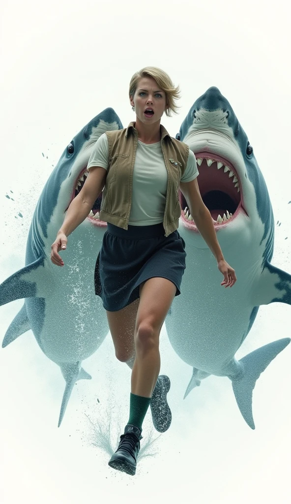 ((Highest quality)), ((photograph)), ((Run and escape)), (One person), (Face of fear), (Women like bodybuilders), (Giant Jaws), Off-white short-sleeved shirt with light brown vest、A muscular man with a bodybuilder-like build wearing a knee-length black skirt, dark green socks and black shoes.々Short-haired woman、A video of a man desperately swimming away from a large number of giant great white sharks.、Background is white、
