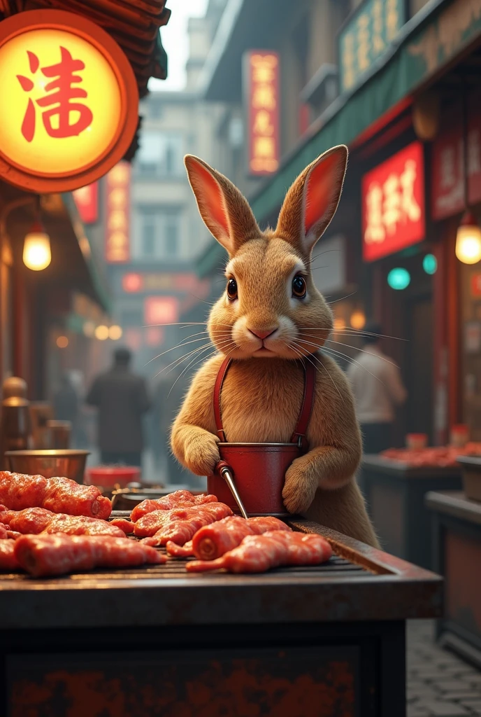 realistic, real, high resolution detail, full photo like real ارنبه يعمل محل يحرك مشويات تمك لحم